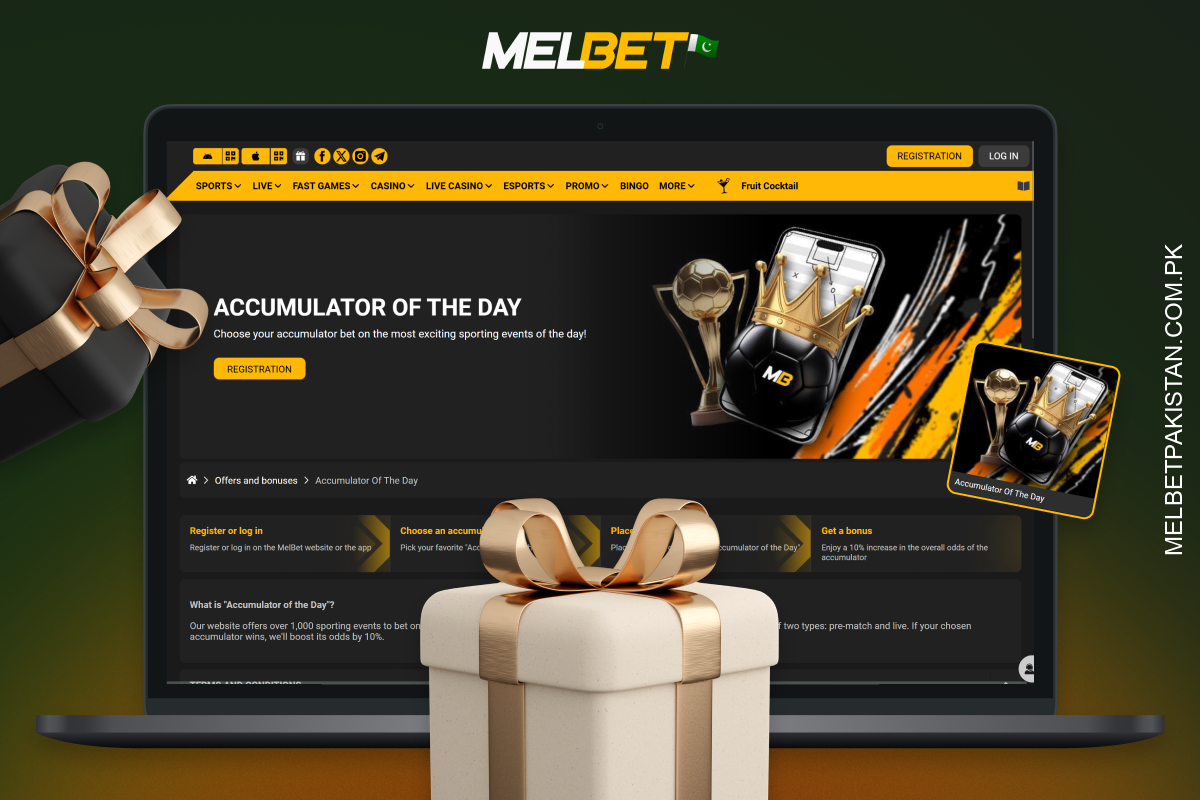 The Accumulator of the Day bonus from Melbet increases the total odds of an express bet by 10% when betting from your main account on any sports or Live events