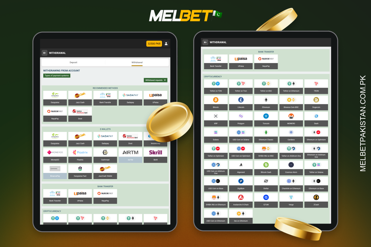 Withdrawals from Melbet Pakistan can be made using the same methods as deposits
