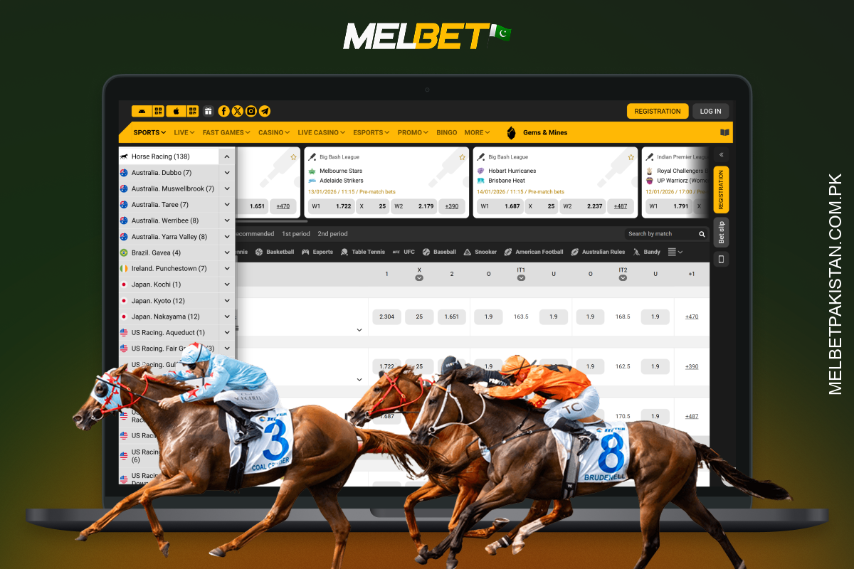 At Melbet Pakistan, horse racing bets include winners, place bets, trifectas and futures with real and virtual analytics