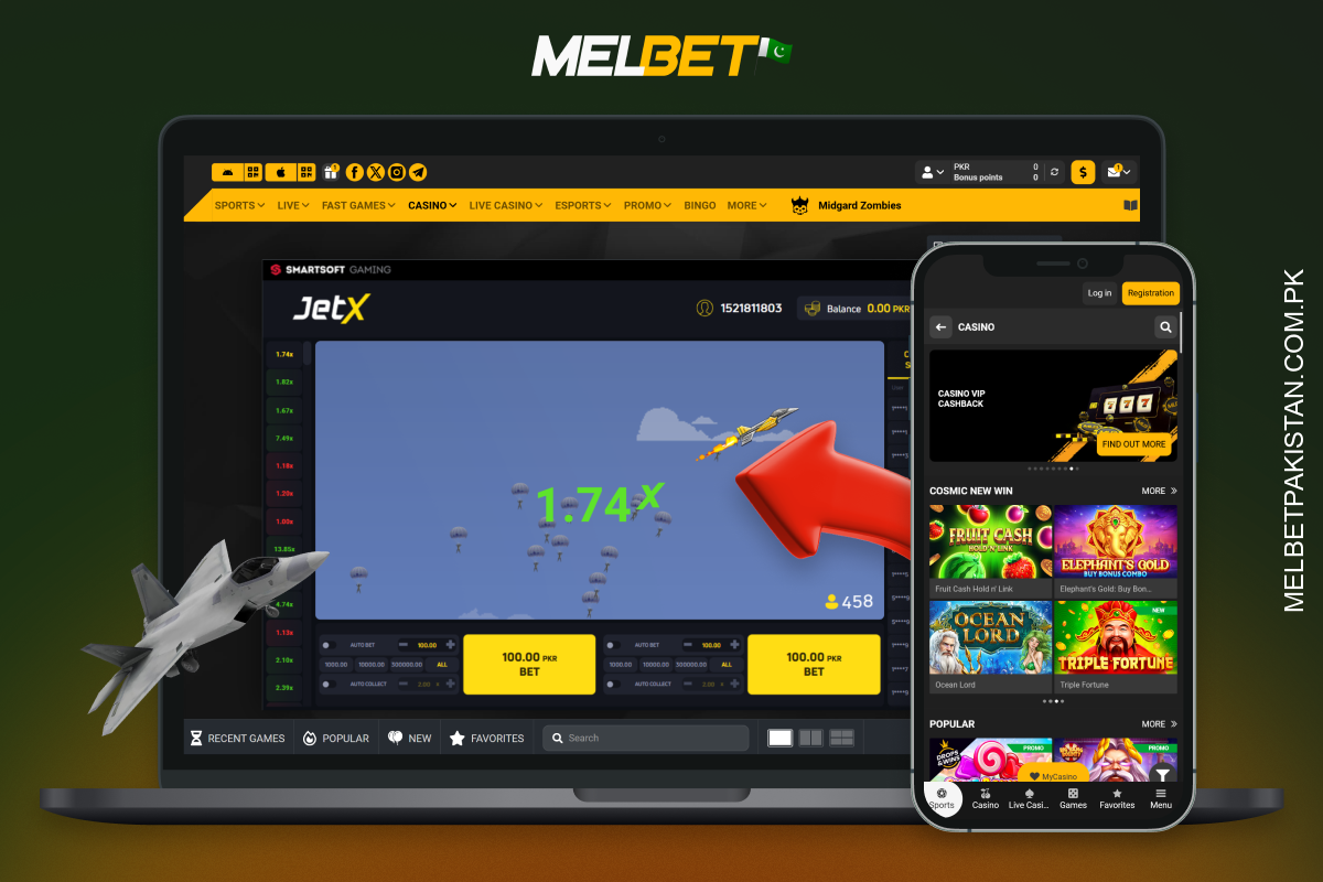 To start playing JetX for real money at Melbet in Pakistan create an account, top up your balance, open the JetX game and place a bet