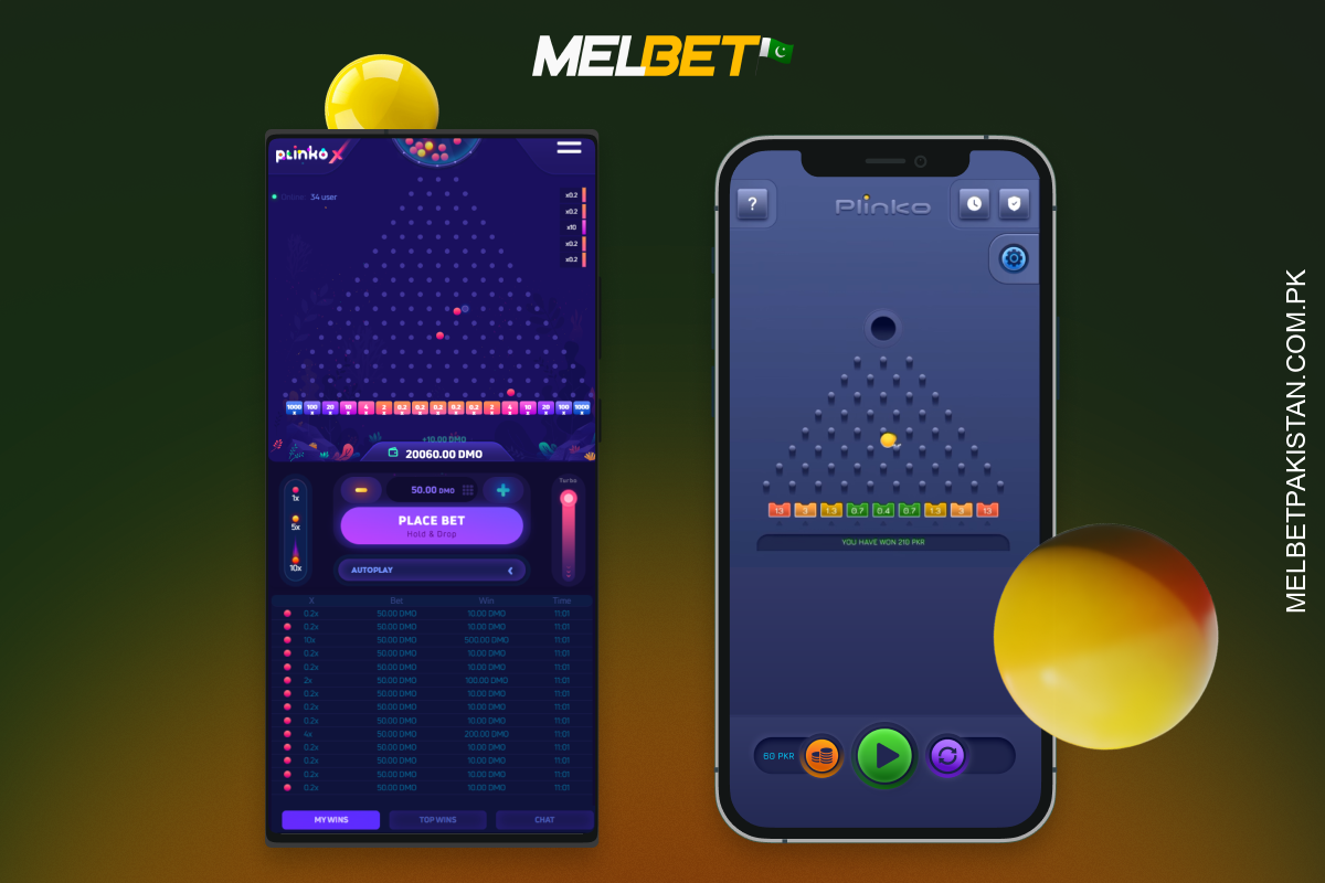 Melbet's mobile app for iOS and Android allows users in Pakistan to play Plinko for free
