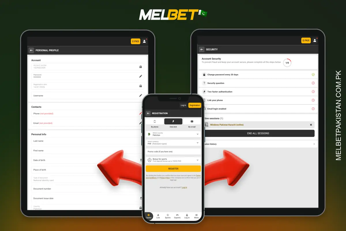 To register with Melbet Pakistan, players need to fill in the minimum details via the website or app
